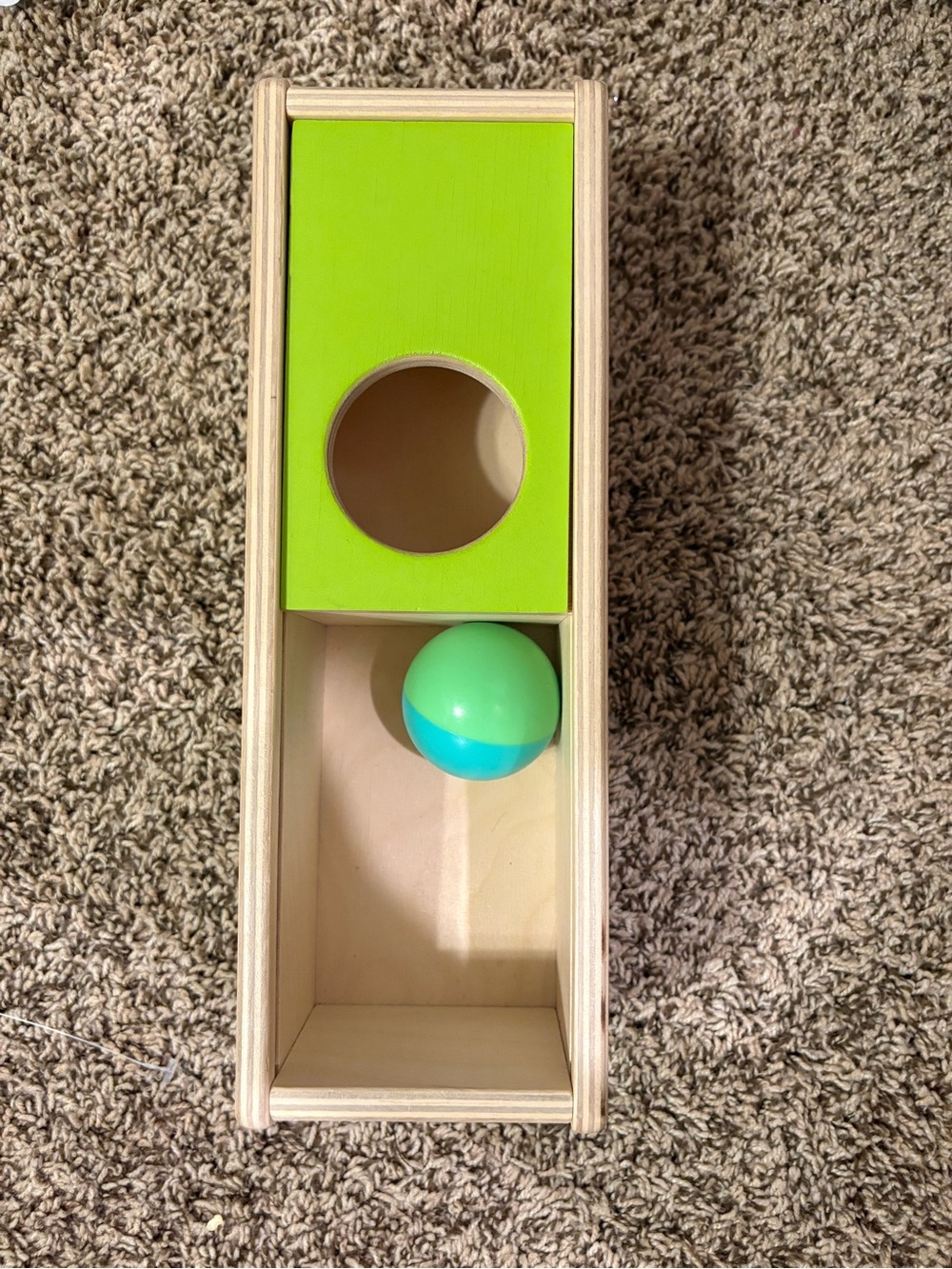 Wooden Ball Drop Toy in Lime Green with Green/Blue Ball